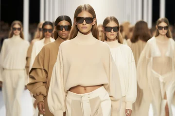 Foto auf Glas Models walk the runway in light black and beige clothing with a normcore style. The clothes feature textured pigment planes and are inspired by the 1970s. © Fokasu Art