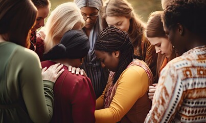 A group of women gathered together praying