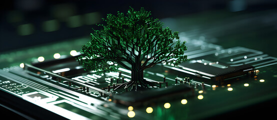 Tree-shaped circuit on board with green lights. Technology meets nature