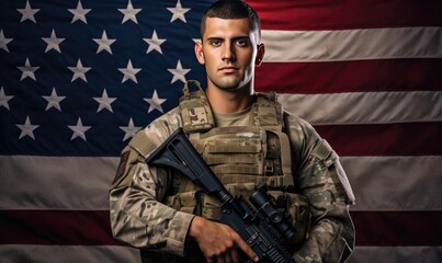 Patriotic Man Holding Rifle in Front of American Flag