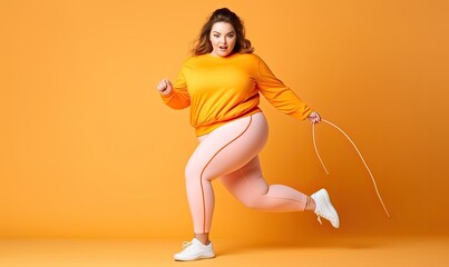 A Woman in a Vibrant Yellow Shirt Jumping Rope - obrazy, fototapety, plakaty