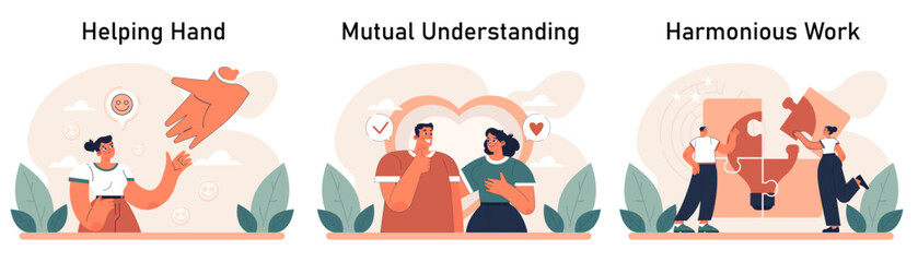 Positive relationships set. Loving family connection and friends support. Harmonious mutual communication. Warm relations between people. Flat vector illustration