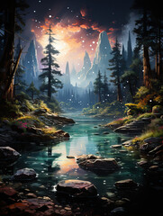 Moonlit Serenity: A Fantasy Forest by the Lake,autumn forest in the evening,forest in the night