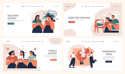 Obraz na płótnie Canvas Positive relationships web banner or landing page set. Loving family connection and friends support. Harmonious mutual communication. Warm relations between people. Flat vector illustration