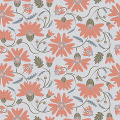 Obraz premium Seamless pattern, ornament with orange flowers and cornflowers on a gray-blue background. Digital illustration. Suitable for interior, wallpaper, fabrics, clothing, stationery.