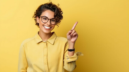 Portrait of smiling businesswoman pointing thumb at copy space for marketing over yellow background - obrazy, fototapety, plakaty
