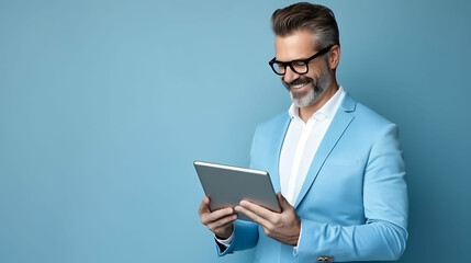 Thoughtful smiling businessman holding digital tablet and looking away against blue background