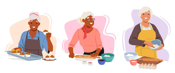 Elderly Women Joyfully Baking, Sharing Decades Of Wisdom And Delicious Recipes. Grandmothers Prepare Pastry