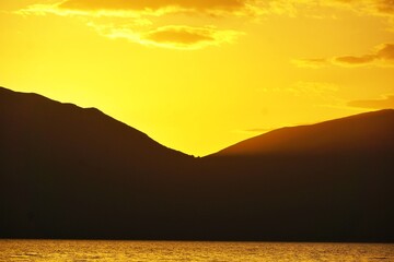 Magnificent scenery , sunset over lake prespa in macedonia, - 670140011
