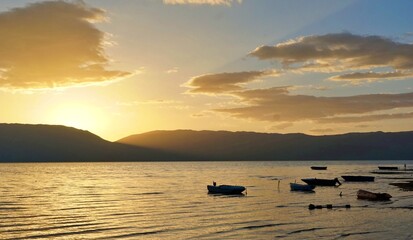 Magnificent scenery , sunset over lake prespa in macedonia, - 670140067