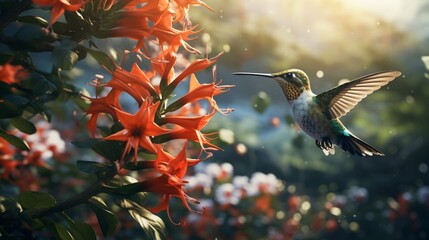A hummingbird hovering near a cluster of Angel's Trumpet Vine flowers in a lush garden, captured in...