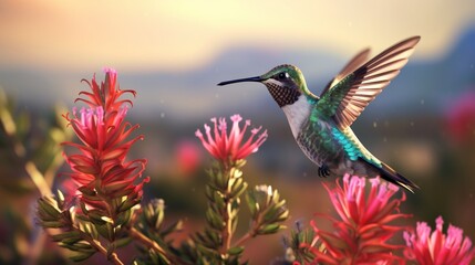 A hummingbird hovering near a Rainbow Rosemary plant, drawn to its vibrant hues. - obrazy, fototapety, plakaty