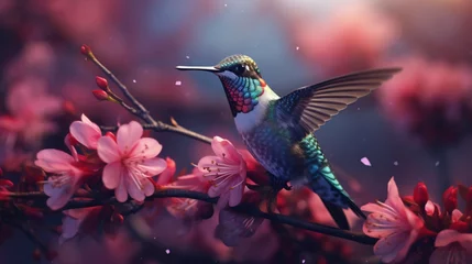 Foto op Canvas A hummingbird perched amidst Serenity Blossoms, captured in exquisite detail as it sips nectar. © Anmol