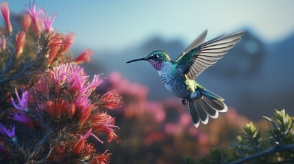 Naklejka premium A hummingbird hovering near a Rainbow Rosemary plant, drawn to its vibrant hues.