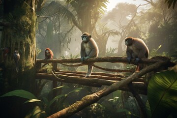 Discover an immersive jungle encounter as primates effortlessly traverse the forest in an exceptional zoo created with remarkable precision. Generative AI - obrazy, fototapety, plakaty