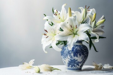 Stunning white lilies in a blue vase on a white backdrop. A delicate composition of fresh flowers in an elegant illustration. Generative AI