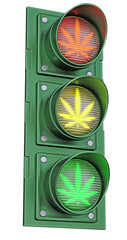 The traffic light is lit up in all three lights, with a glowing cannabis leaf inside.