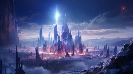 A luminous crystal city floating in the vastness of space, surrounded by a shimmering nebula.