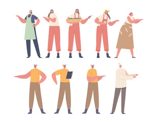 Obraz premium Set of Male and Female Characters Full Height. Hardworking Farmers, Restaurant Chef, Man Holding Clipboard, And Woman