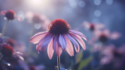A luminous, otherworldly Echinacea blossom bathed in soft moonlight, surrounded by a halo of...