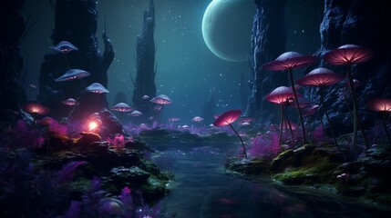 A lush, alien planet teeming with towering Cosmic Crocus blooms, each emitting a surreal, bioluminescent glow.