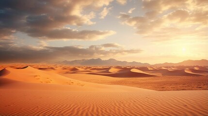 Fototapeta na wymiar AI-generated illustration of desert sand dunes aglow in the soft light of the setting sun.