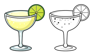 margarita cocktail drink vector illustration, Lime and tequila cocktail stock vector image, colored and black and white line art