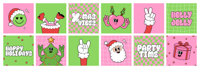 Merry Christmas groovy funny cartoon posters. Santa Claus, Christmas tree gift box and heart character in trendy funky retro style. Greeting square cards, template, posters, prints and backgrounds.