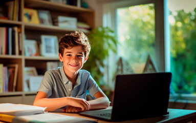 Cheerful young boy remote online studying from home, seated at table, communicate with teacher via video call on laptop, distance education
