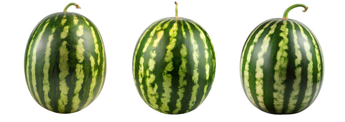 Set of whole green round watermelons isolated on a transparent background. (PNG, cutout, or clipping path.)