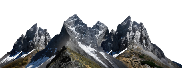 Winter mountain landscape isolated on a transparent background, with options for PNG, cutout, or clipping path.