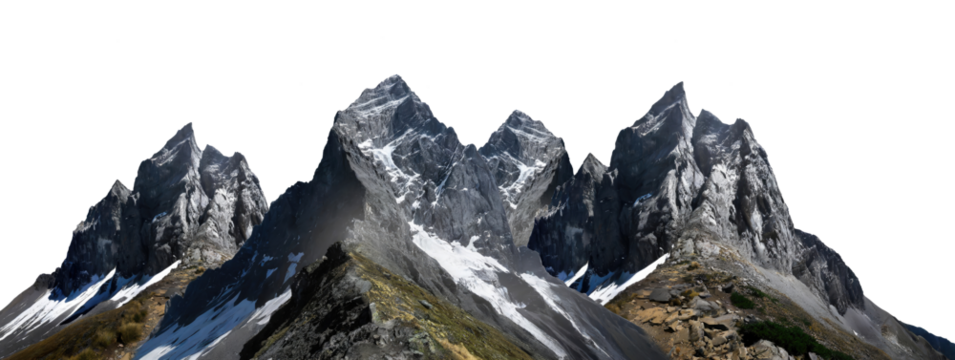 Winter mountain landscape isolated on a transparent background, with options for PNG, cutout, or clipping path.