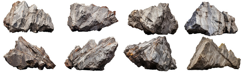 Collection of sharp, pointed, heavy mineral rocks isolated on a transparent background. . PNG, cutout, or clipping path.