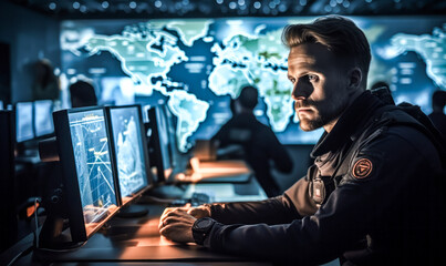 Obraz premium Military Excellence: Portrait of a Command and Control Center Officer Managing Systems