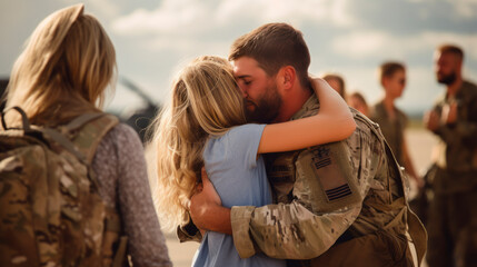 Happy army soldier finally meeting his wife or girlfriend wearing military uniform with chevrons, family hugging in crowd of people