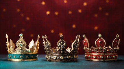 Three Wise Men Crowns on Festive Christmas Background - obrazy, fototapety, plakaty