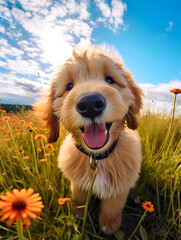 Goldendoodle - Happy Dogs in a Meadow on a Sunny Day
