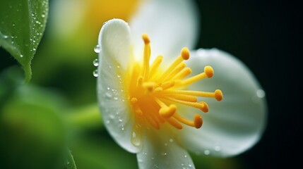 A macro shot in full ultra HD, showcasing the delicate stamen of a Jewelweed Jasmine flower.