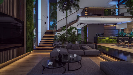 3d rendering of expensive cozy interior with green walls with living dining zone stair and kitchen for sale or rent. Warm interior lighting combined with cold light from night street
