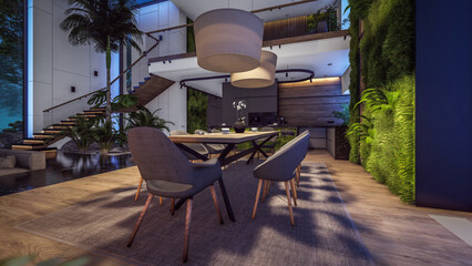 3d rendering of expensive cozy interior with green walls with living dining zone stair and kitchen for sale or rent. Warm interior lighting combined with cold light from night street