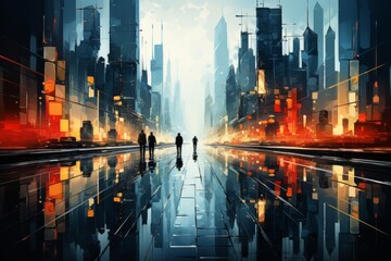 Man walking in a cyberpunk city. Digital painting of a lonely futuristic environment. Huge building - obrazy, fototapety, plakaty