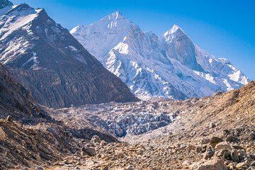 Gomukh, snout of the Gangotri Glacier, from where Bhagirathi or Ganges River originates. Gangotri glacier is one of the largest in the Himalayas at 4023 m  in Uttarkashi, Uttarakhand, India.