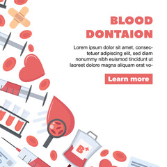 blood donation background. cartoon minimalistic items set, health blood donor day concept, volunteer hospital transfusion laboratory. vector cartoon corner shaped background.