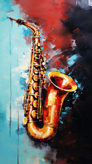 illustration of an oil painting of a saxophone on canvas