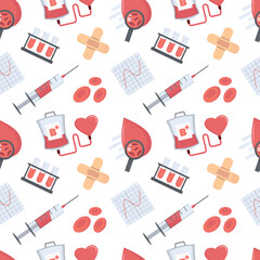 blood donation pattern. cartoon minimalistic items set, health blood donor day concept, volunteer hospital transfusion laboratory. vector cartoon objects seamless pattern.