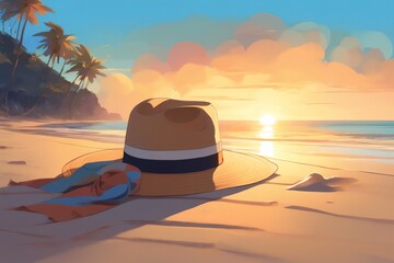 Um chapéu na areia da praia num lindo por do sol. Chapéu de palha feminino na beira do mar, férias no litoral tropical. - obrazy, fototapety, plakaty