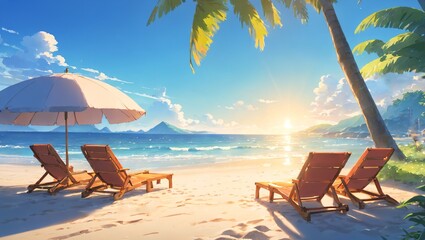 Cadeiras de praia na areia no litoral durante um radiante sol. Espreguiçadeiras na beira do mar em férias na costa. - obrazy, fototapety, plakaty