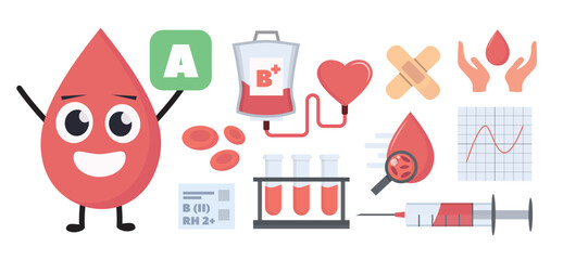blood donation collection. cartoon minimalistic items set, health blood donor day concept, volunteer hospital transfusion laboratory. vector cartoon objects set.