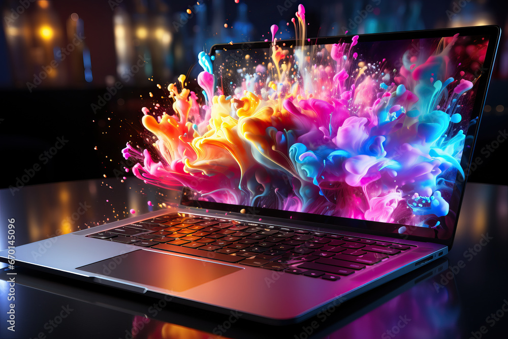 Aufkleber Concept of creativity and inspiration displayed in form of multi-colored paint splashing in all directions from laptop screen into space around