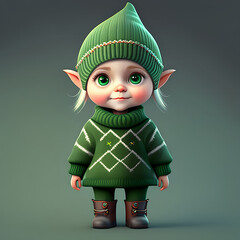 Young Gnome Girl in Green with Rosy Cheeks and Big Green Eyes
